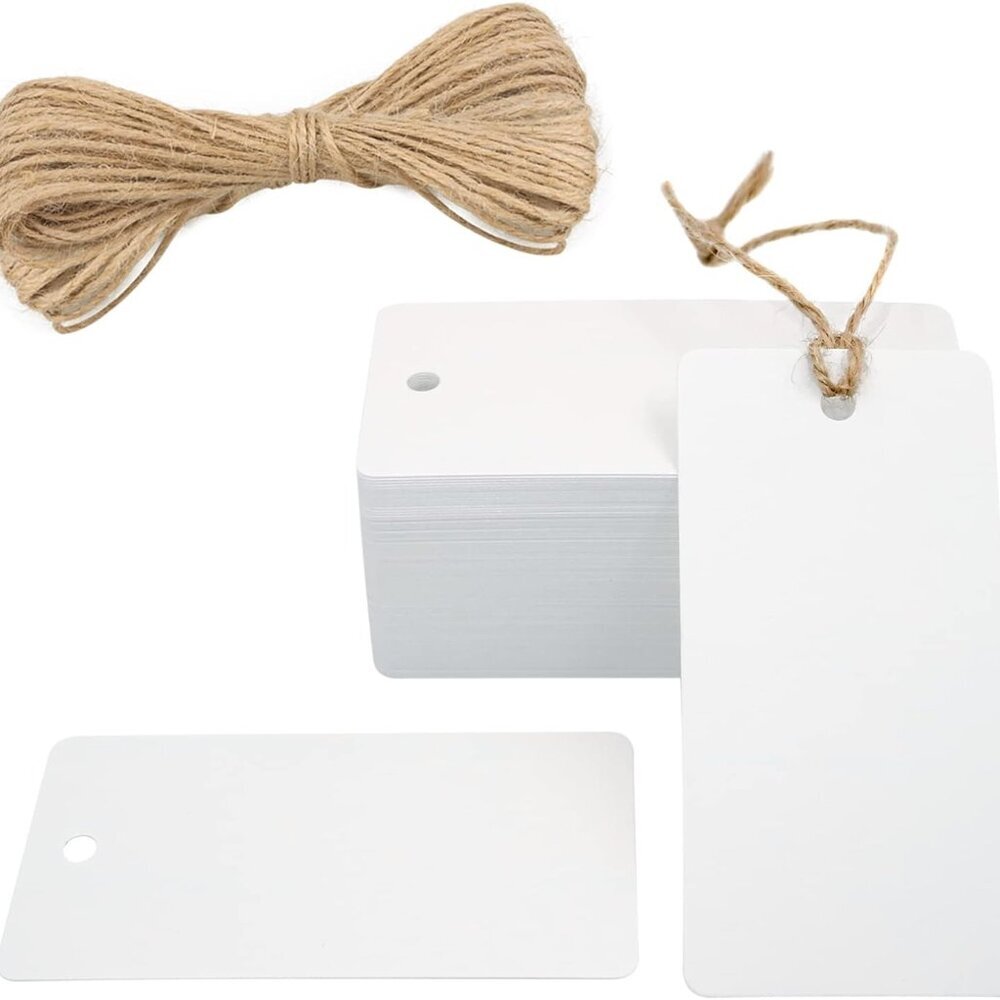 100PCS Blank Gift Tags,3.5” x 1.7” White Kraft Paper Gift Tag with String, Recta